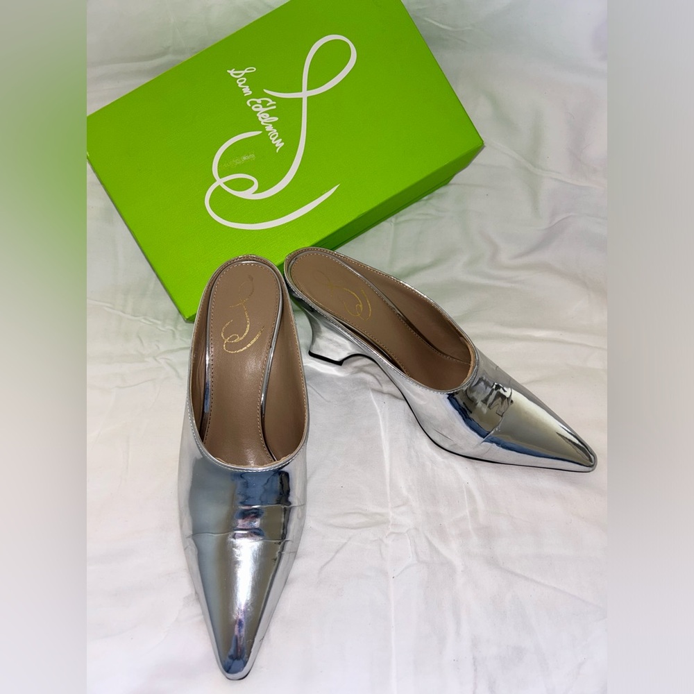 Sam Edelman Vonn Leather Metallic Silver Mule Wedges